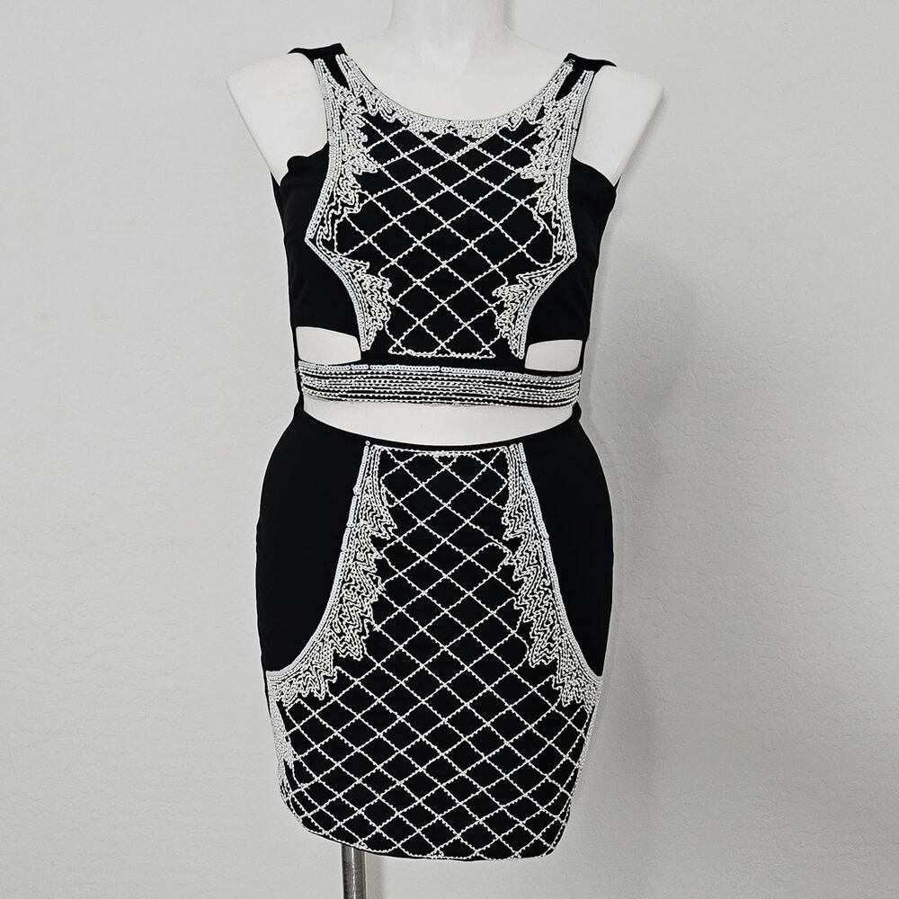sara boo cocktail mini dress bodycon white black sz M
